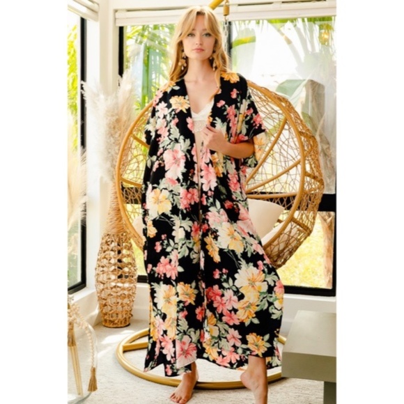 Black Tropical Hibiscus Floral Print Long Maxi Kimono Duster Wrap Coverup - Picture 3 of 3